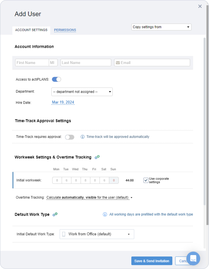 User settings, actiTIME