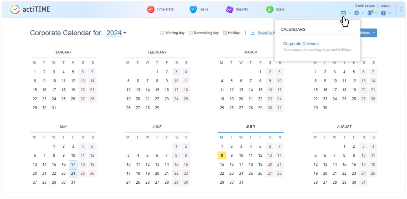 Corporate Calendar, actiTIME